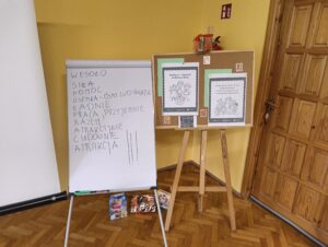 Flipchart z hasłem współpraca i tablica korkowa z rysunkami.