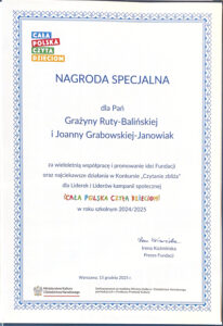 Dyplom imienny dla Grażyny Ruty-Balińskiej i Joanny Grabowskiej-Janowiak.