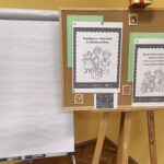 Pusty flipchart obok tablicy korkowej z grafikami.