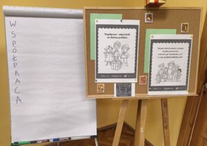 Pusty flipchart obok tablicy korkowej z grafikami.
