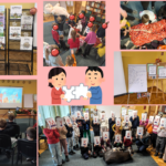 Kolaż zdjęć z wydarzenia w bibliotece na różowym tle.