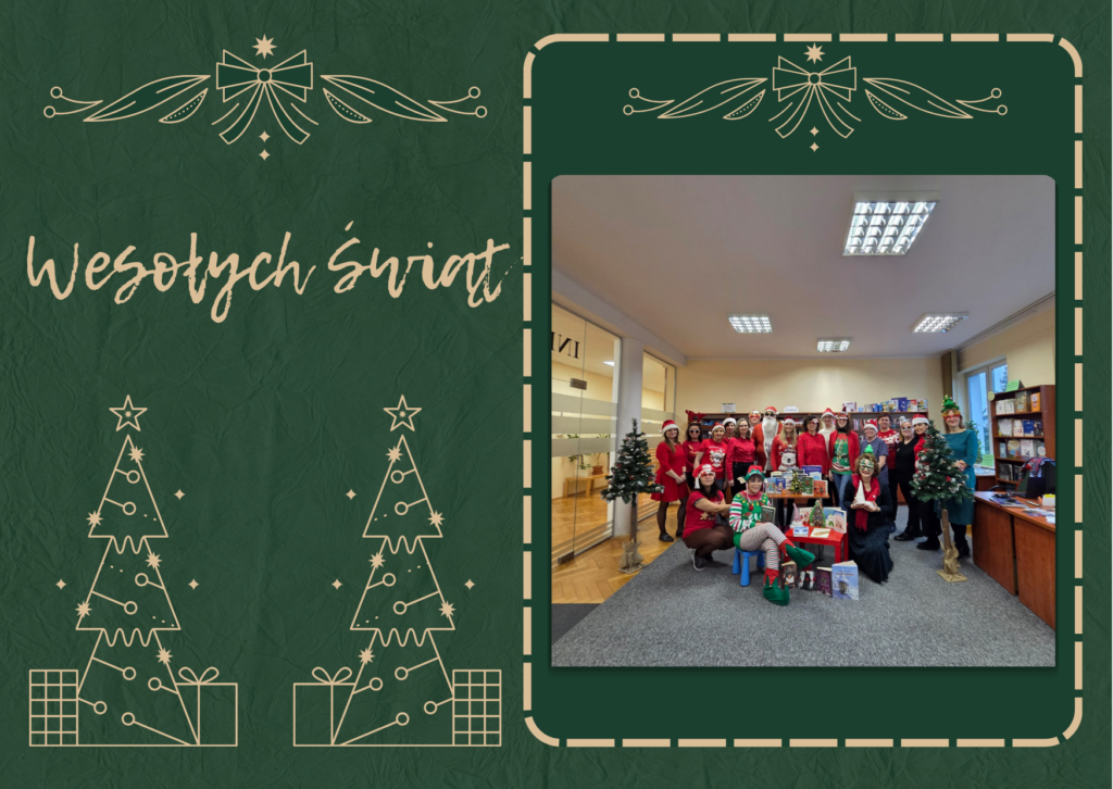 Zielona kartka świąteczna, ze złotymi napisami. Po prawej zamieszczono grupowe zdjęcie świąteczne.