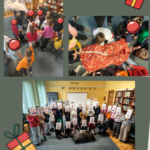 Kolaż zdjęć, na których ukazano etapy pakowania misia.