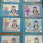 Zdjęcie kilku kartek zimowych z kolorowankami pingwina.