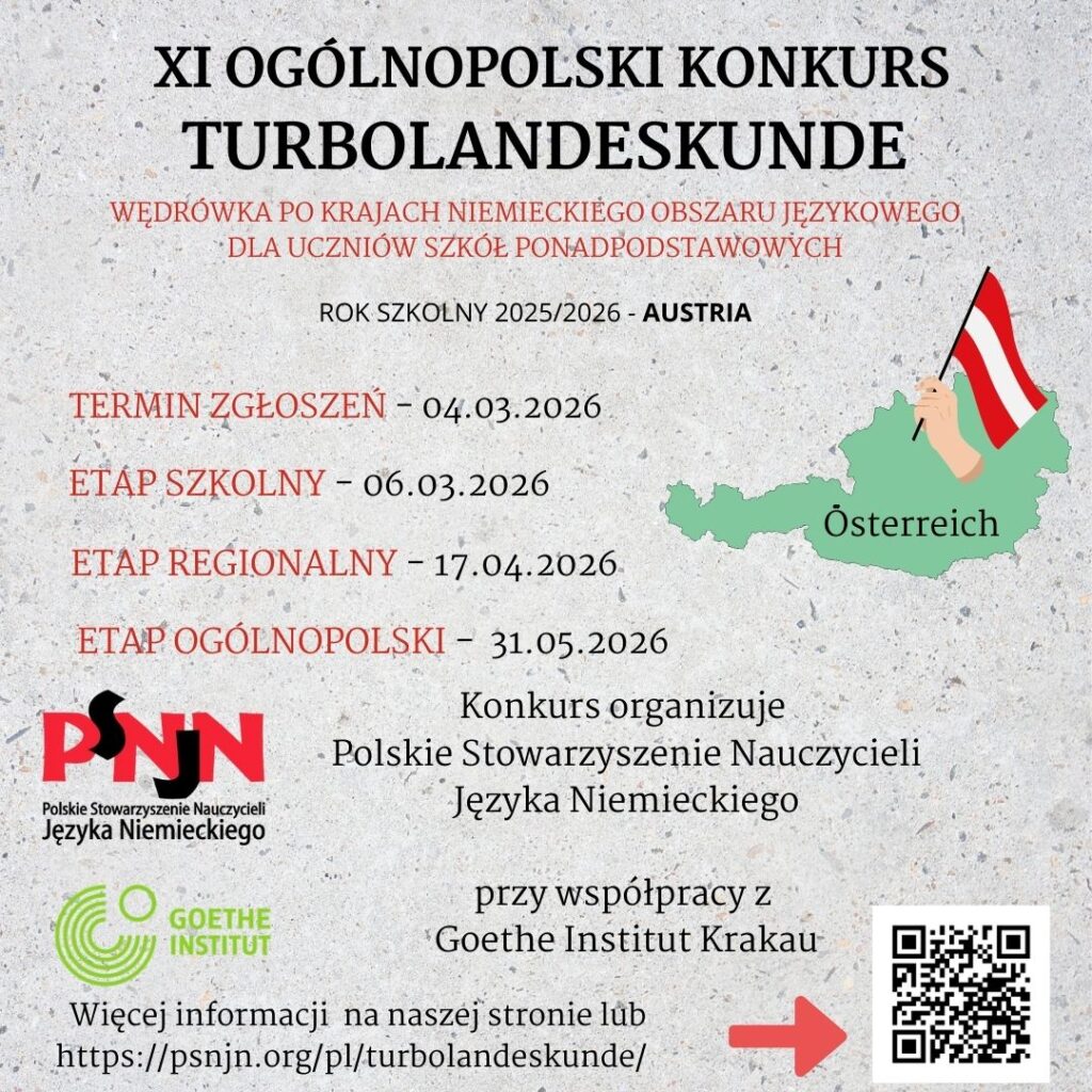 Szare tło. Informacje z regulaminu, czarną i czerwoną czcionką. Loga organizatorów i kod qr.