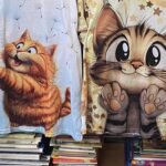 Zdjęcie stosów książek na tle dwóch grafik z kotami.