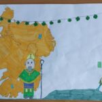 Rysunek człowieka z laską w dłoni. W tle zarys kontynentu.