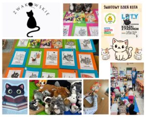 Kolaż zdjęć m.in. książki o kotach.