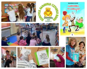 Kolaż zdjęć m.in. dzieci i nauczycielki na zajęciach czytelniczych.