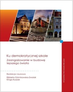 Kolaż biało-czerwonych prostokątów. Na górze zdjęcia fasad 3 budynków.