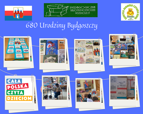 Kolaż: logo biblioteki, akademii, flaga Bydgoszczy i różne zdjęcia.