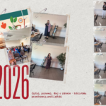 Kolaż zdjęć na szarym tle i z czerwonymi napisami.