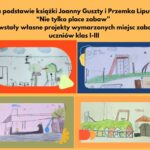 Plakat z rysunkami dziecięcymi o tematyce: place zabaw.