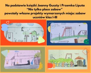 Plakat z rysunkami dziecięcymi o tematyce: place zabaw.