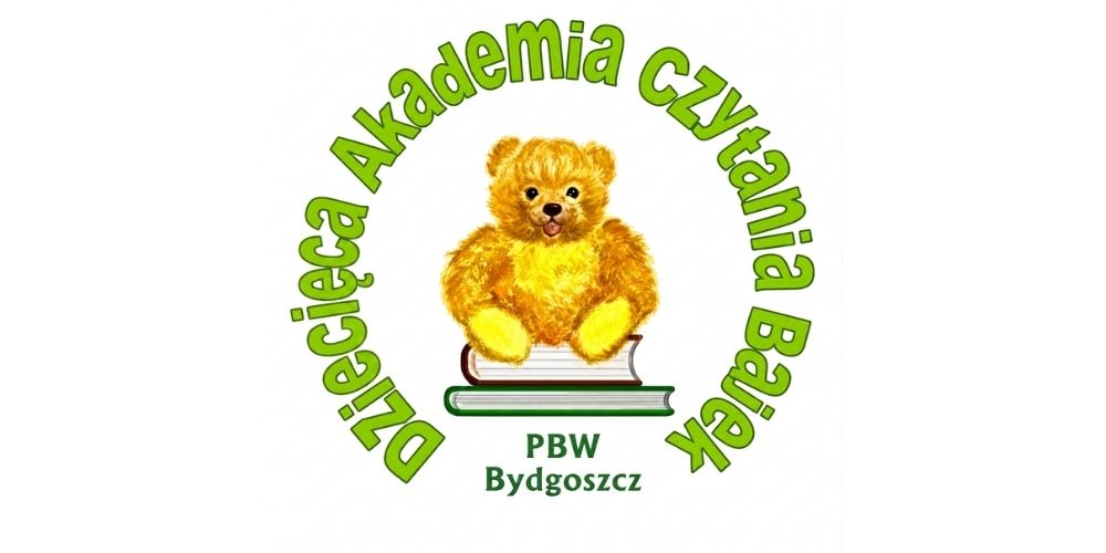 Pluszowy miś siedzi na książkach - logo Dziecięcej Akademii