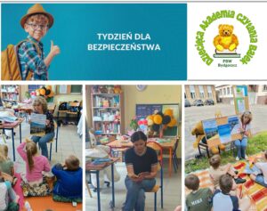 Kolaż: na dole fotografie z czytania książek, na górze hasło i logo.