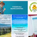 Kolaż, u dołu plakaty promujące bezpieczne zasady, na górze hasło i logo.