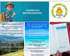 Kolaż, u dołu plakaty promujące bezpieczne zasady, na górze hasło i logo.