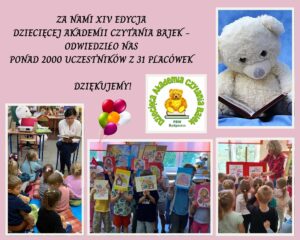 Na różowym tle kolaż kilku fotografii z zajęć czytelniczych wraz z tytułem i logo.