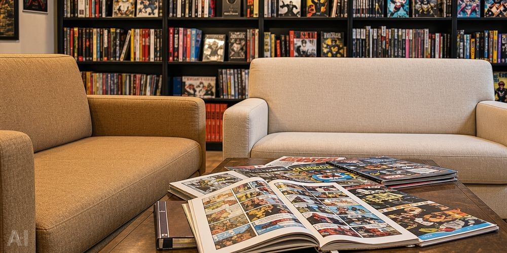 Czytelnia z kanapami i stolikiem, na którym leżą komiksy.