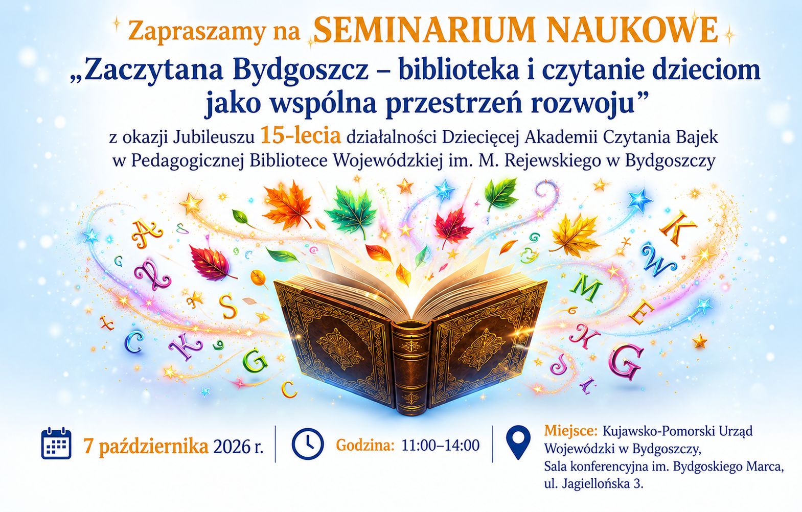 Baner seminarium z motywem otwartej książki, z której wylatują liście i litery.