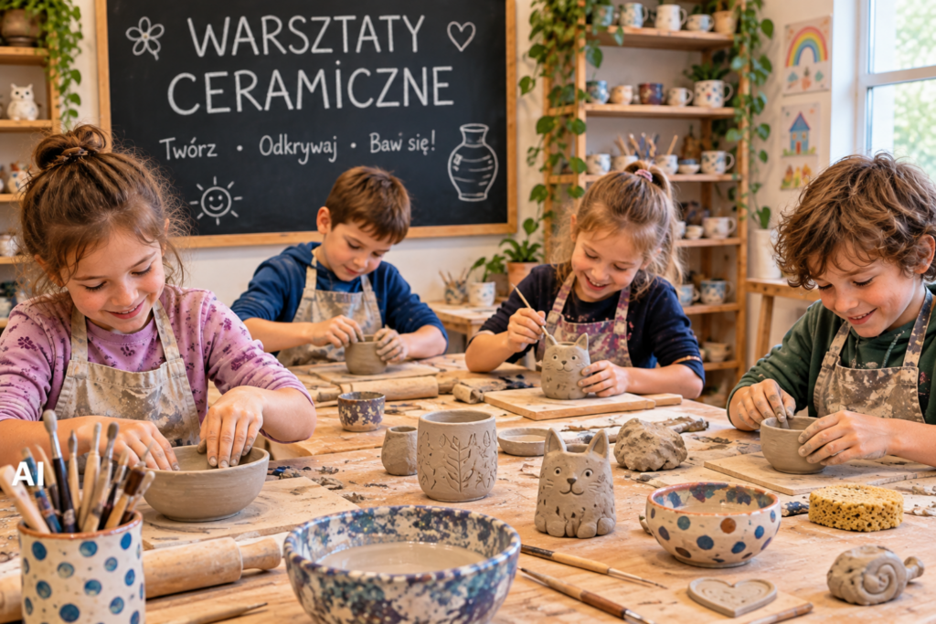Dzieci przy stole tworzą wyroby ceramiczne.