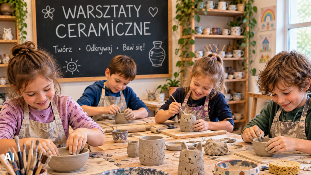 Dzieci przy stole tworzą wyroby ceramiczne.