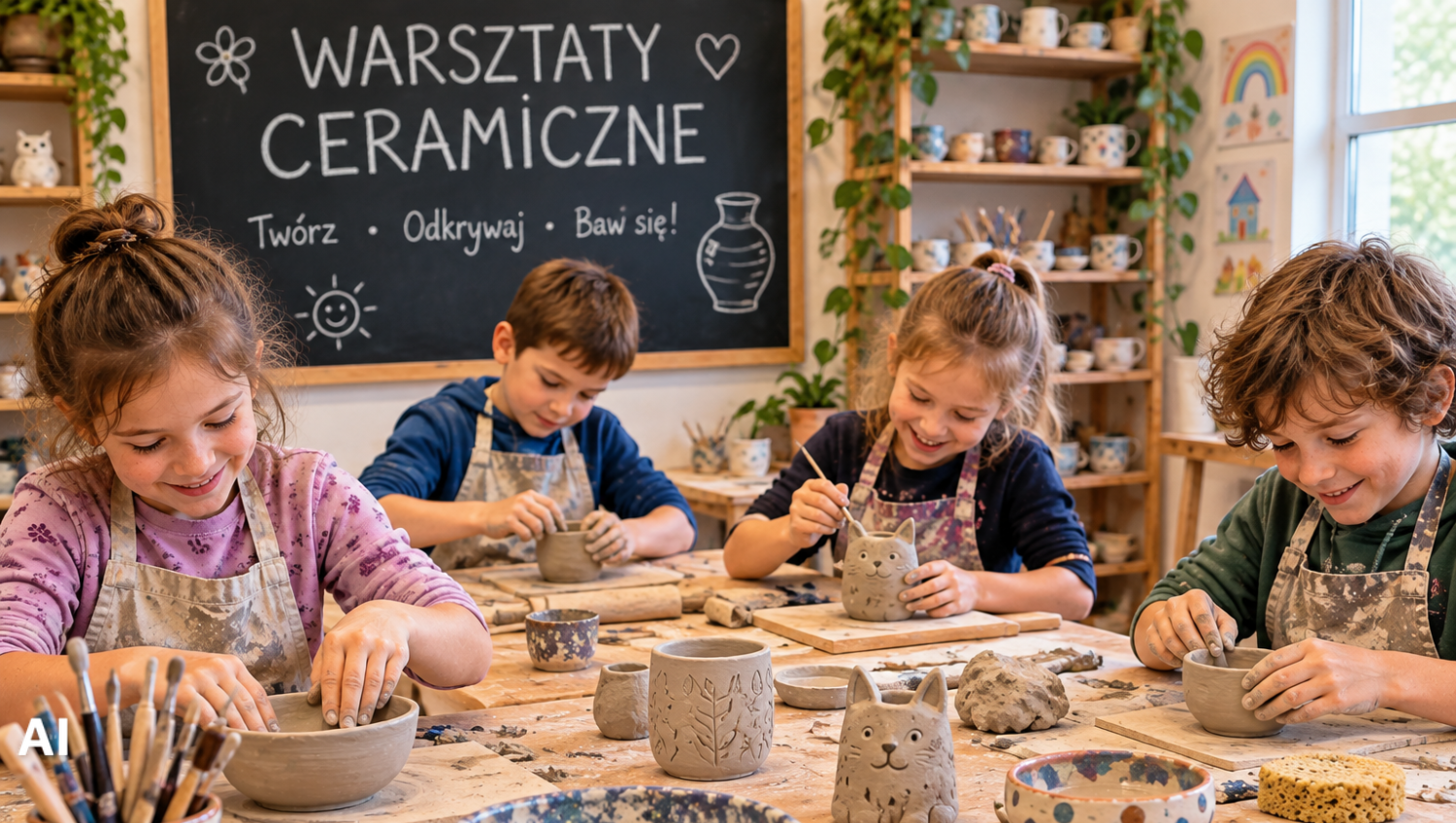 Dzieci przy stole tworzą wyroby ceramiczne.