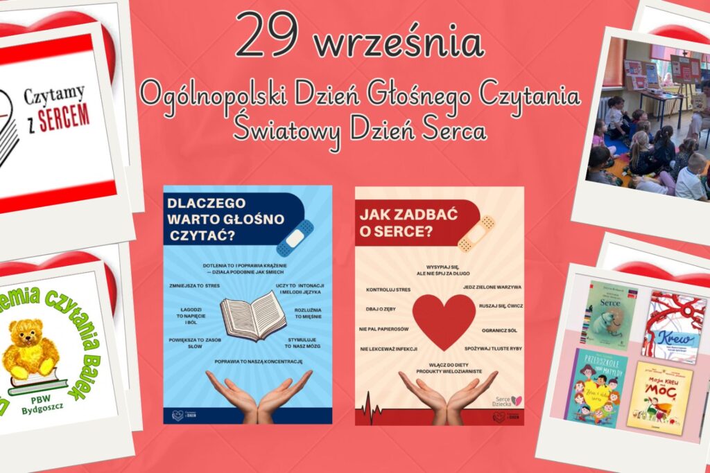 Kolaż zdjęć i plakatów dot. serca i czytania o sercu.