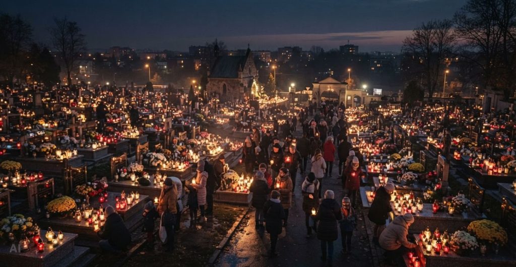 Cmentarz w nocy z dziesiątkami palących się zniczy.