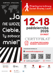 Plakat kampanii "Ja nie widzę Ciebie, Ty zobacz mnie! 12-18 .10.2026 z motywem przejścia dla pieszych i białej laski, kodami QR i logami.