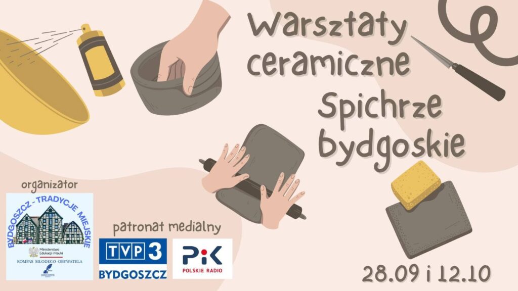 Beżowe tło, grafiki przedstawiające garncarstwo i kolorowe napisy.