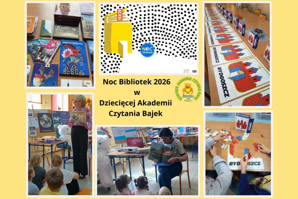 Kolaż na żółtym tle, plakat Nocy Bibliotek i warsztatów regionalnych.