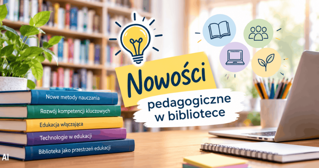 Stos kolorowych książek na stole, obok laptop, w tle regały na książki. Po środku kolorowe napisy.