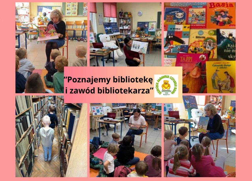 Kolaż zdjęć z zajęć dla małych dzieci w otoczeniu książek.