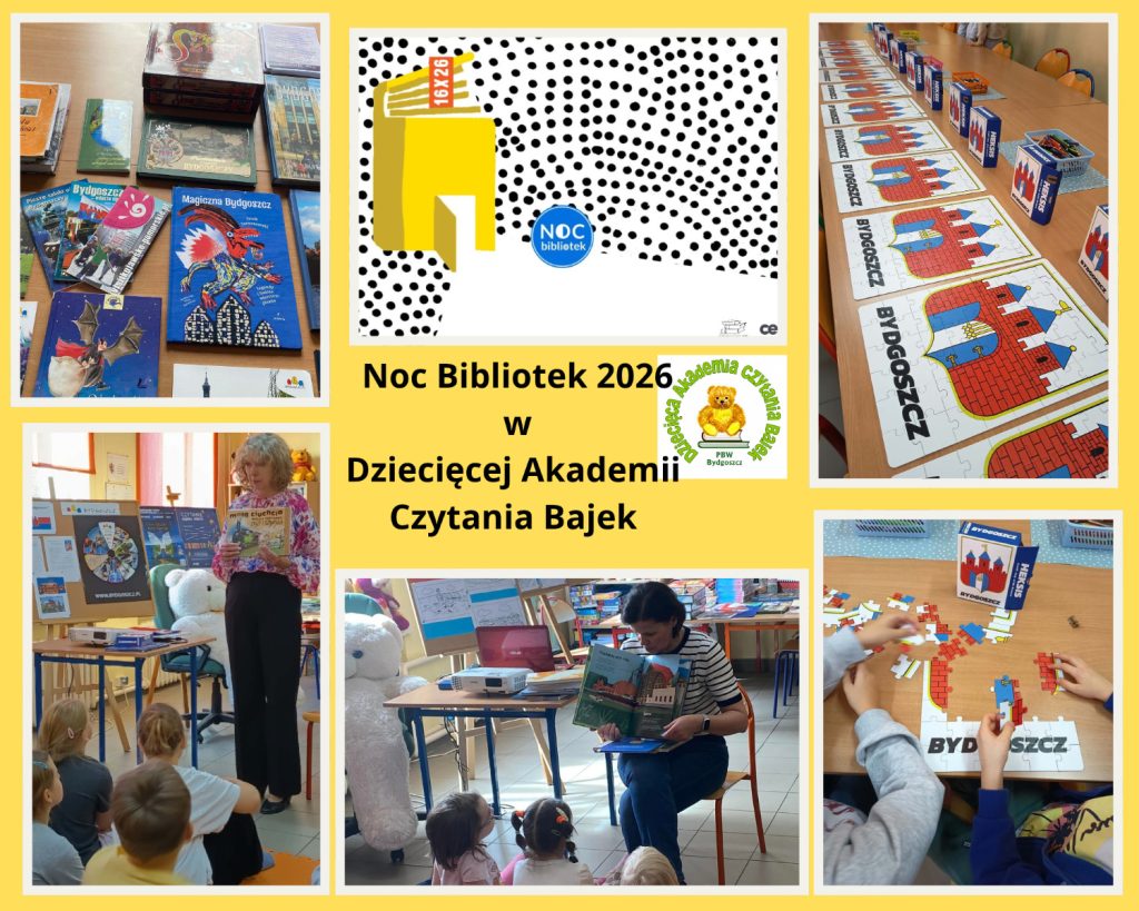 Kolaż na żółtym tle, plakat Nocy Bibliotek i warsztatów regionalnych.
