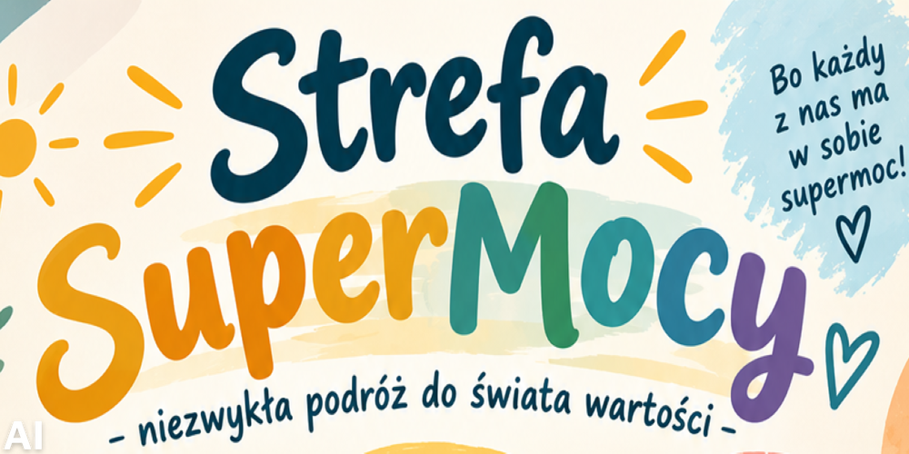 Kolorowy napis strefa supermocy na żółtym tle.