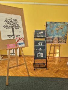 Tablica korkowa z plakatem drzewa, stojak z grafikami i mapa.