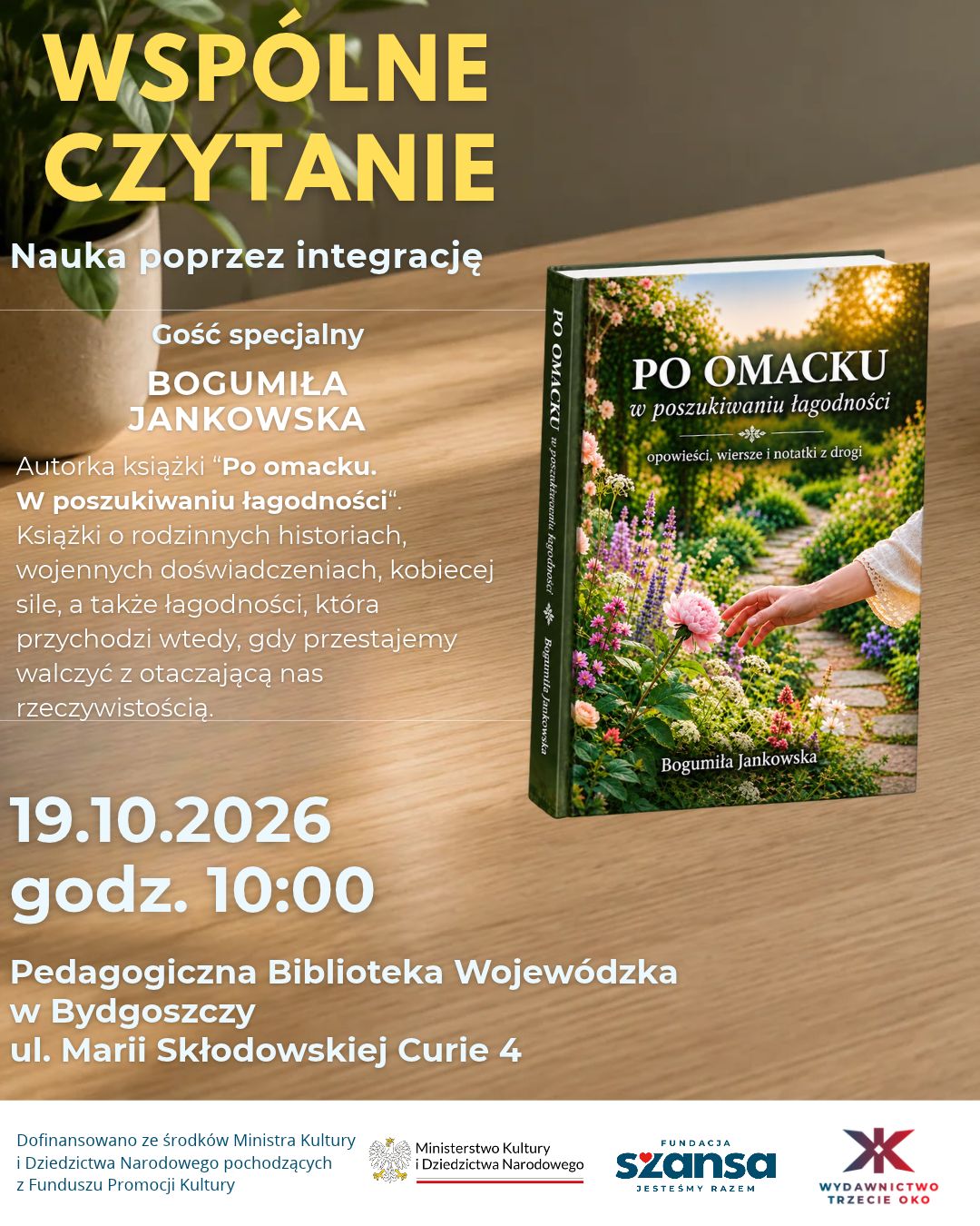 Plakat: brązowe tło, białe napisy, zielona książka.