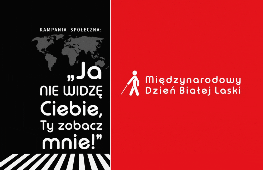 Plakat kampanii "Ja nie widzę Ciebie, Ty zobacz mnie! z motywem przejścia dla pieszych i białej laski.