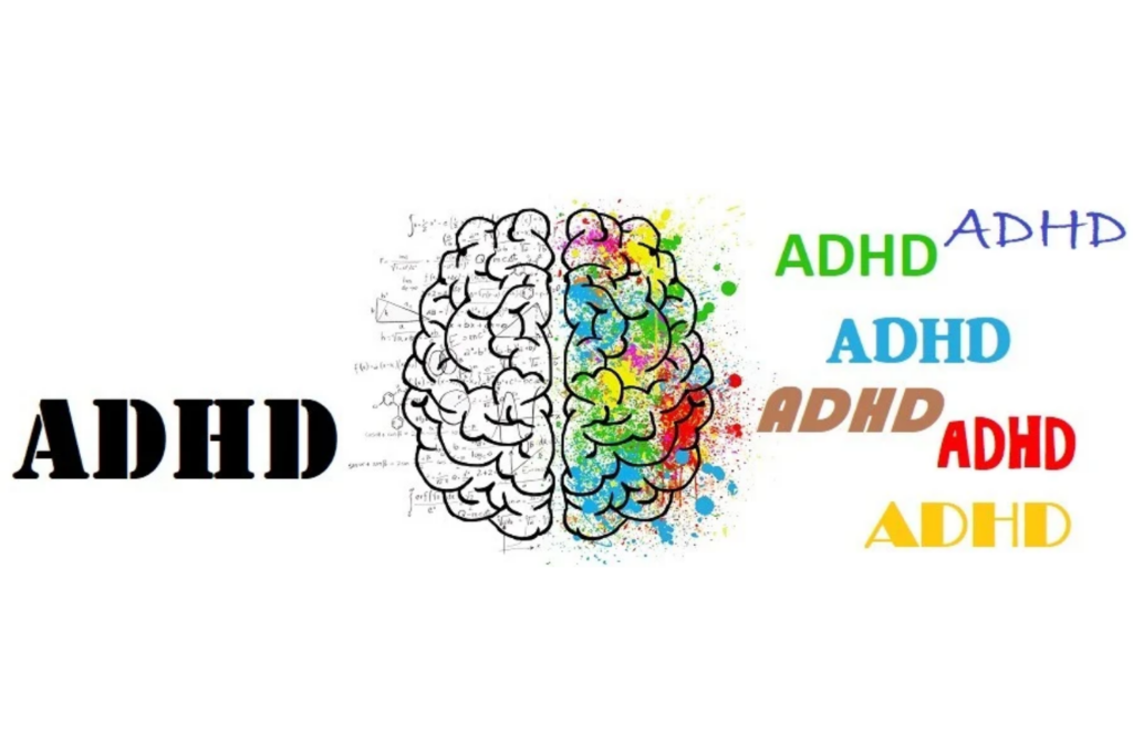 Półkula mózgu biała, półkula mózgu w tęczowych barwach. Wokół różne napisy "ADHD".