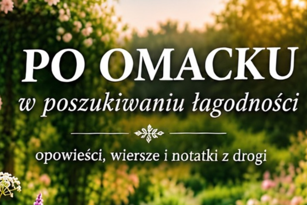 Kwieciste tło, białe napisy.